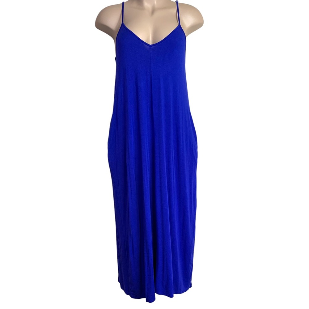 Large Royal Blue Maxi Dress Tank Adjustable Straps Pockets Stretch 12 14